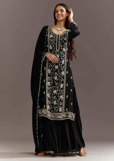 Black Cutdana And Sequins Kurta With Chinon Sharara And Dupatta