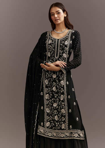 Black Cutdana And Sequins Kurta With Chinon Sharara And Dupatta