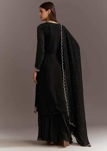 Black Cutdana And Sequins Kurta With Chinon Sharara And Dupatta