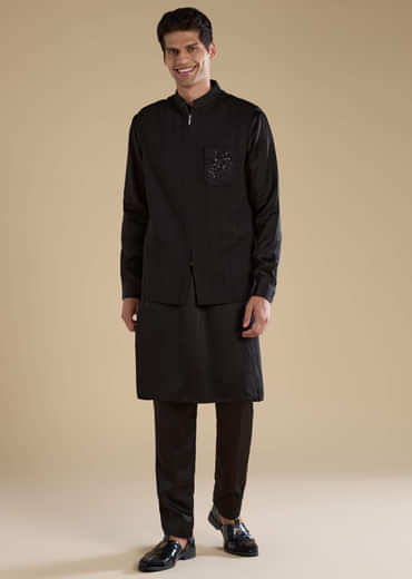 Black Cutwork Mens Jacket Kurta and Pant Set