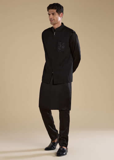 Black Cutwork Mens Jacket Kurta and Pant Set