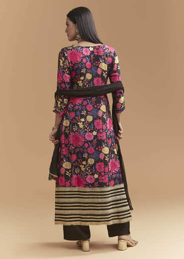 Black Dola Silk Kurta Set With Gota Work And Floral Print