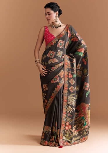 Black Dola Silk Saree With Madhubani Weave And Embroidery