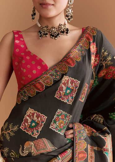 Black Dola Silk Saree With Madhubani Weave And Embroidery