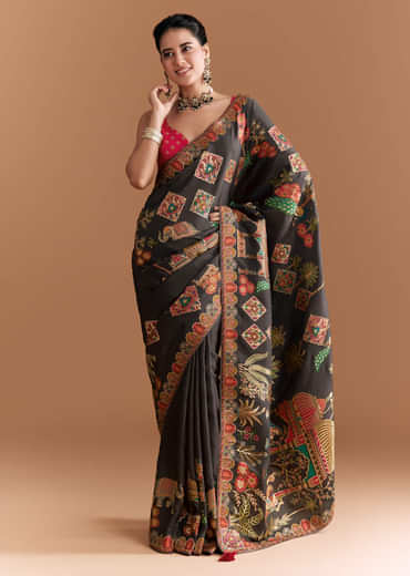 Black Dola Silk Saree With Madhubani Weave And Embroidery