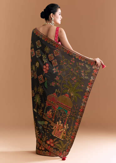 Black Dola Silk Saree With Madhubani Weave And Embroidery