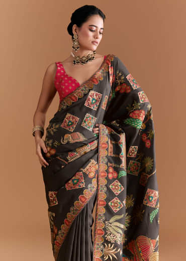 Black Dola Silk Saree With Madhubani Weave And Embroidery