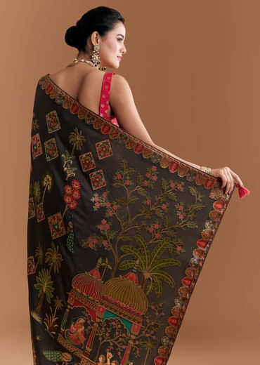 Black Dola Silk Saree With Madhubani Weave And Embroidery