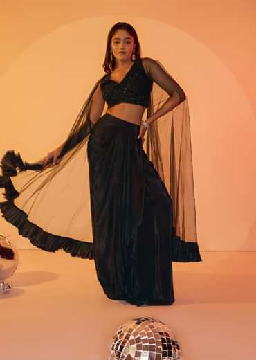 Black Crepe Drape Skirt Choli And Tulle Cape Set