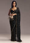 Black Embroidered Chinon Saree With Cut Dana Work