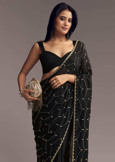 Black Embroidered Chinon Saree With Cut Dana Work