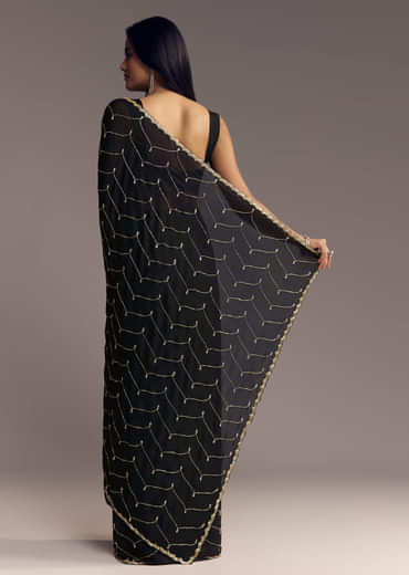 Black Embroidered Chinon Saree With Cut Dana Work