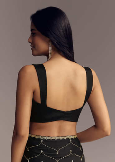 Black Embroidered Chinon Saree With Cut Dana Work