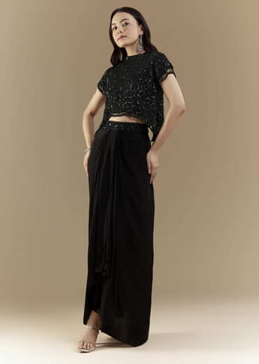 Black Embroidered Crop Top and Skirt Set