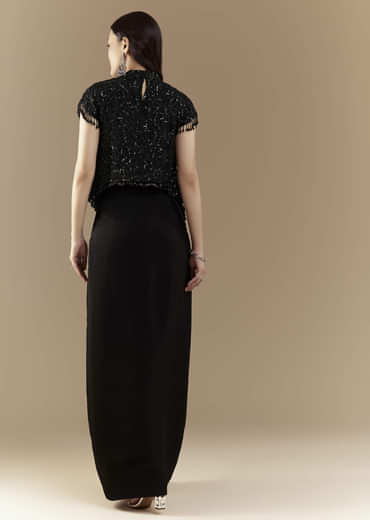 Black Embroidered Crop Top and Skirt Set