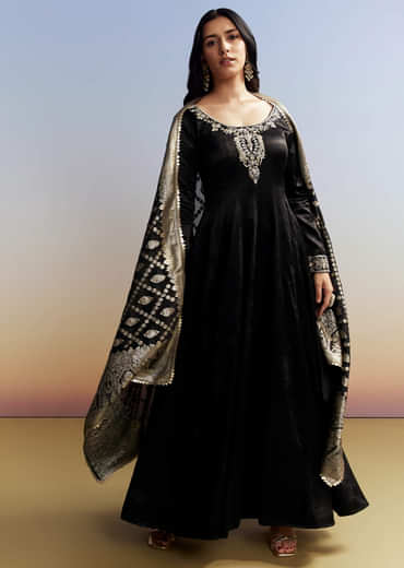 Black Embroidered Crush Satin Anarkali Set