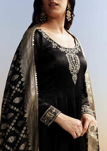 Black Embroidered Crush Satin Anarkali Set