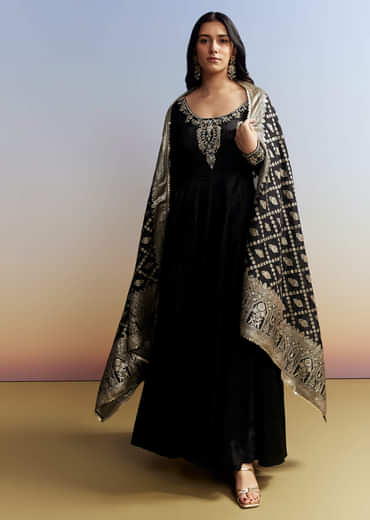Black Embroidered Crush Satin Anarkali Set