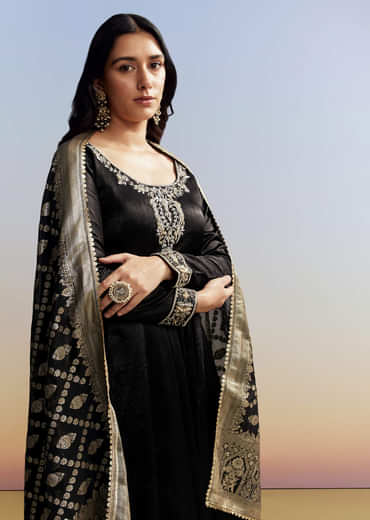 Black Embroidered Crush Satin Anarkali Set