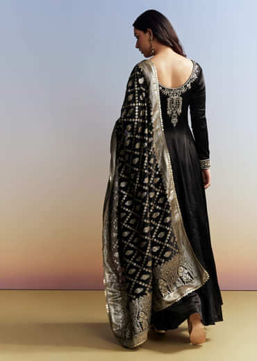 Black Embroidered Crush Satin Anarkali Set