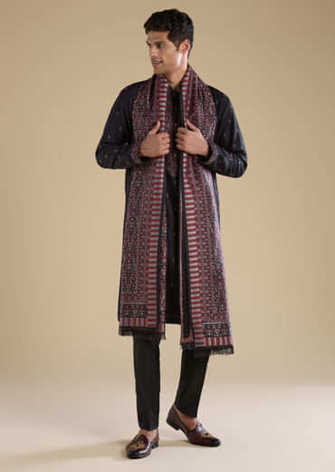 Black Embroidered Mens Kurta Set with Kashmiri Print Dupatta