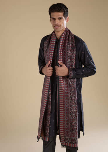 Black Embroidered Mens Kurta Set with Kashmiri Print Dupatta