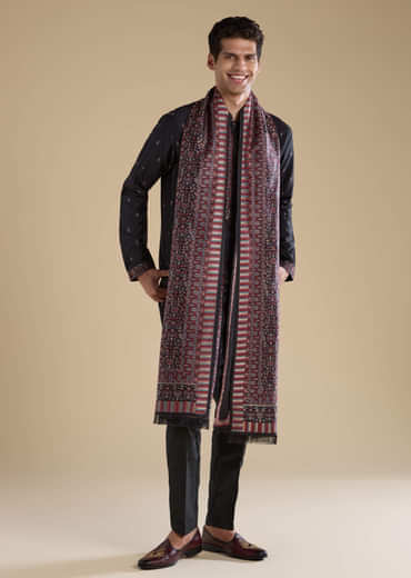 Black Embroidered Mens Kurta Set with Kashmiri Print Dupatta