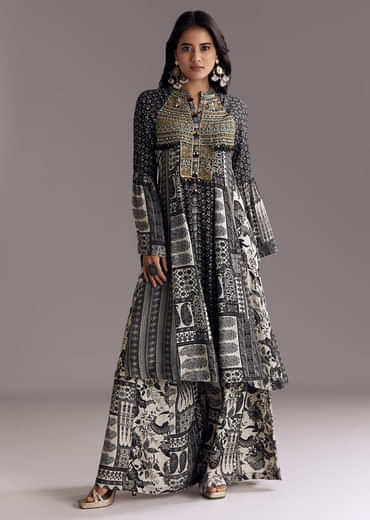 Black Mixed Print Muslin Palazzo Set With Resham Work