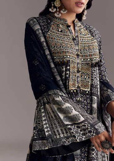 Black Mixed Print Muslin Palazzo Set With Resham Work