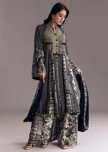 Black Mixed Print Muslin Palazzo Set With Resham Work