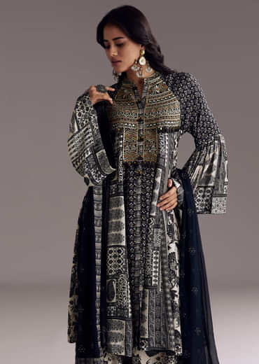 Black Mixed Print Muslin Palazzo Set With Resham Work
