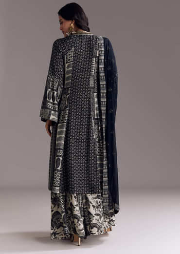 Black Mixed Print Muslin Palazzo Set With Resham Work