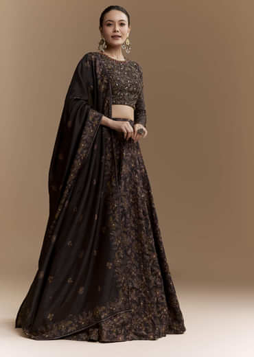 Black Floral Print Silk Brdiesmaid Lehenga Set with Dupatta