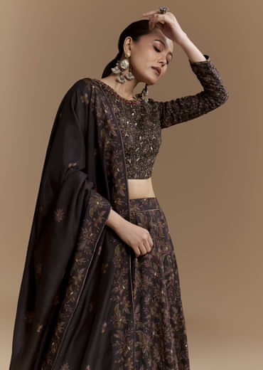 Black Floral Print Silk Brdiesmaid Lehenga Set with Dupatta