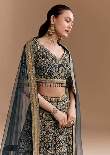 Black Floral Print Silk Lehenga Set with Dupatta