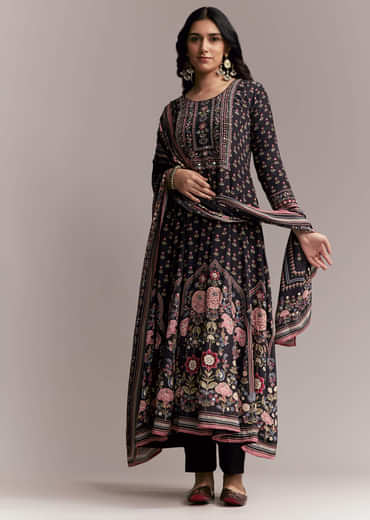 Black Floral Printed Anarkali Set