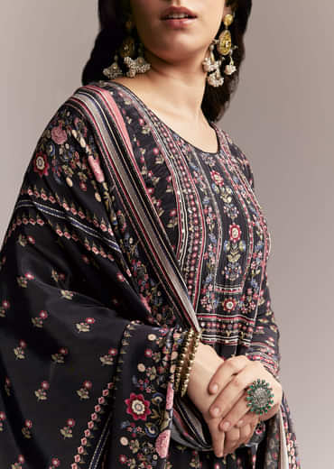 Black Floral Printed Anarkali Set