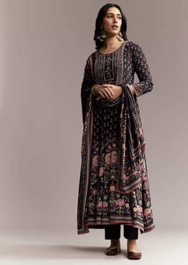 Black Floral Printed Anarkali Set