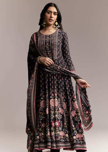 Black Floral Printed Anarkali Set