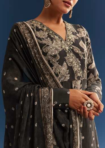 Black Floral Printed Crepe Anarkali Set With Embroidered Neckline