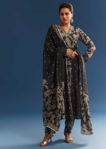 Black Floral Printed Crepe Anarkali Set With Embroidered Neckline