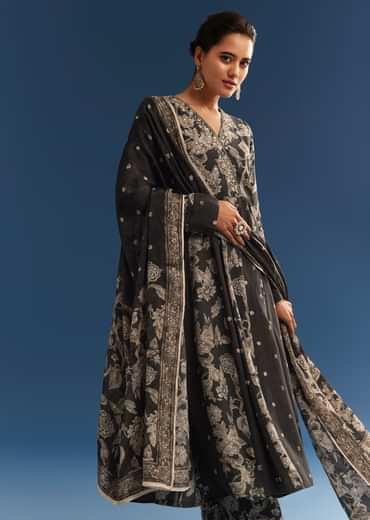 Black Floral Printed Crepe Anarkali Set With Embroidered Neckline