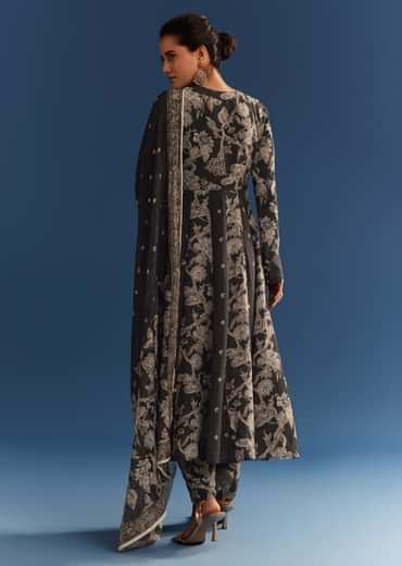 Black Floral Printed Crepe Anarkali Set With Embroidered Neckline