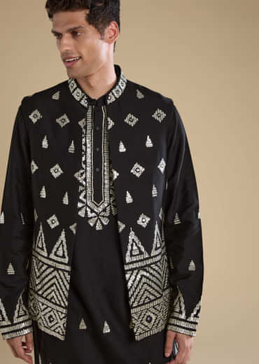 Black Foil Applique Mens Jacket Kurta and Pant Set