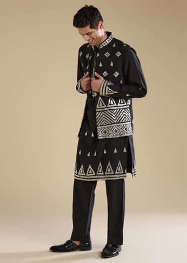 Black Foil Applique Mens Jacket Kurta and Pant Set
