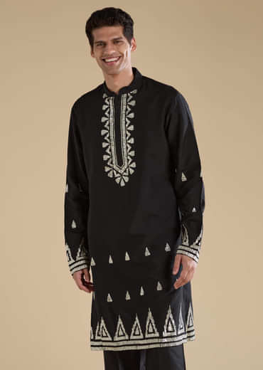 Black Foil Applique Mens Jacket Kurta and Pant Set