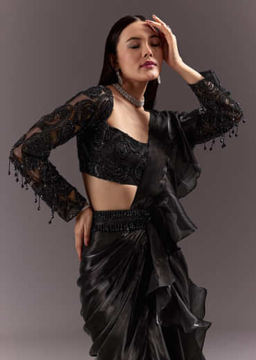 Black Frill Ready Drape Cutdana Sequin Saree With Square Neck Blouse