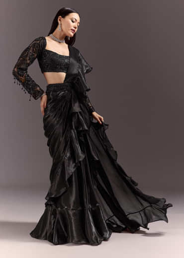Black Frill Ready Drape Cutdana Sequin Saree With Square Neck Blouse