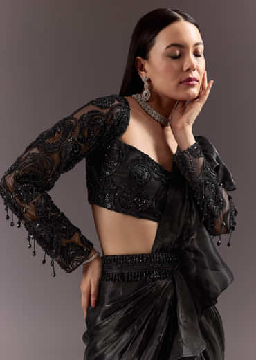 Black Frill Ready Drape Cutdana Sequin Saree With Square Neck Blouse