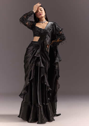 Black Frill Ready Drape Cutdana Sequin Saree With Square Neck Blouse